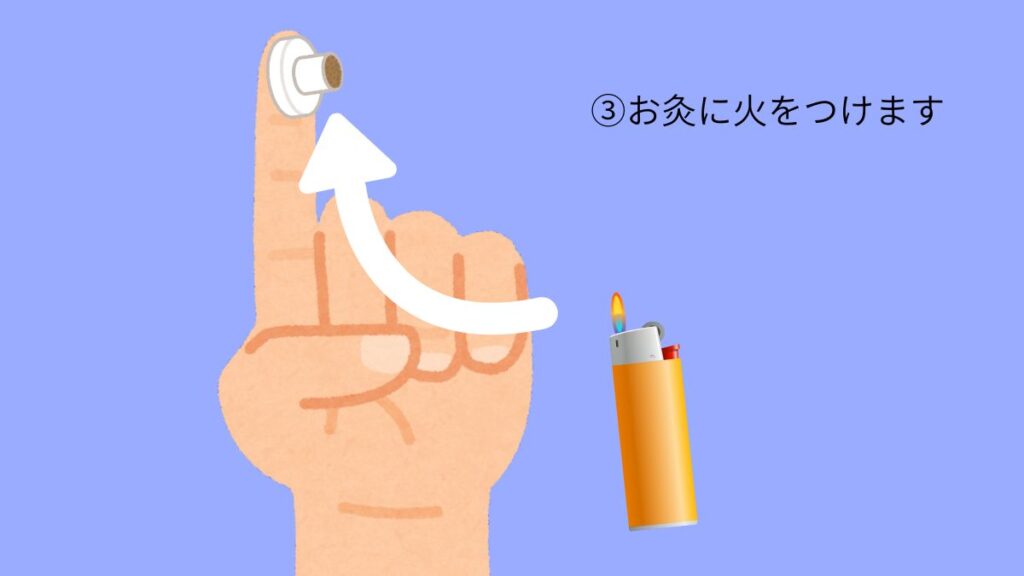 人差し指に貼った台座灸にライターで火をつける