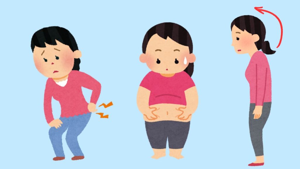 腰痛、お腹ポッコリ、猫背の女性イラスト