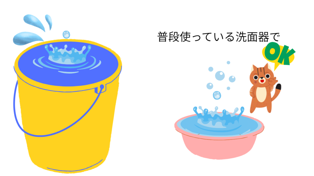 左側にはバケツ、右側に洗面器。両方水が入っている。普段使っている洗面器でOKとリスが言っている。