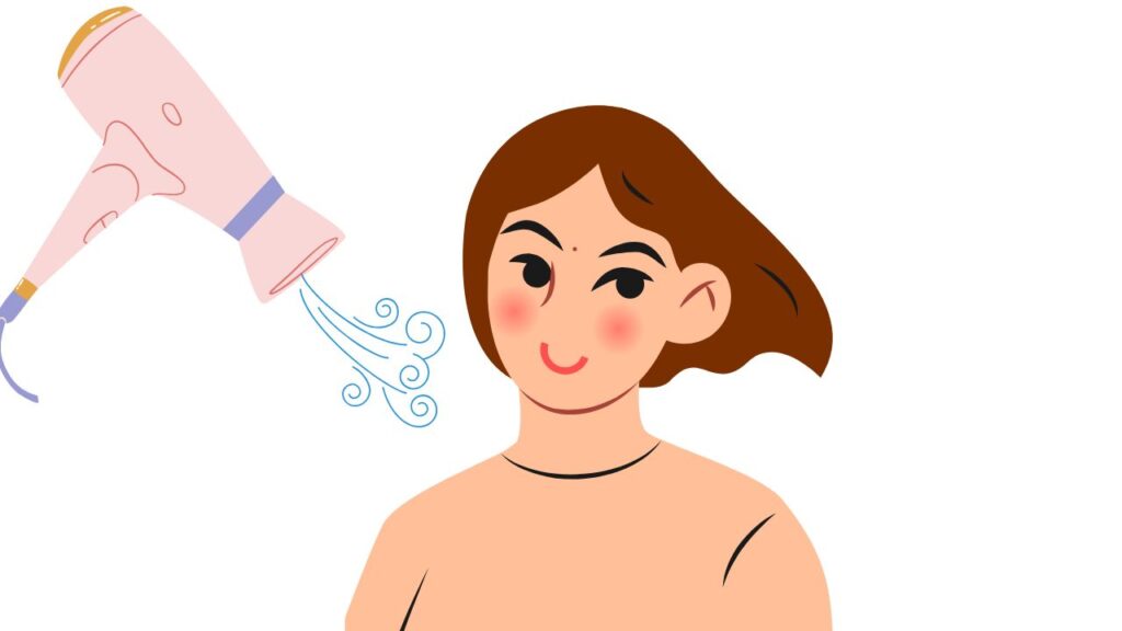ドライヤーの温風を肩にあてる女性のイラスト